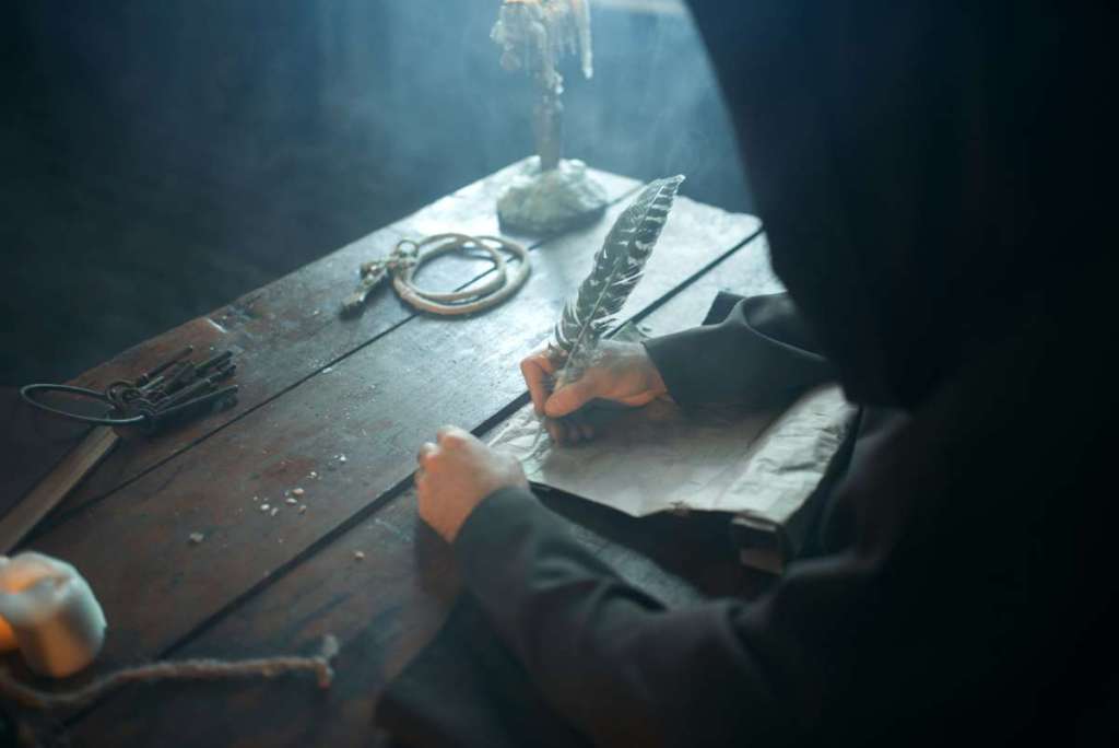 Medieval monk sitting at table and write, top view
